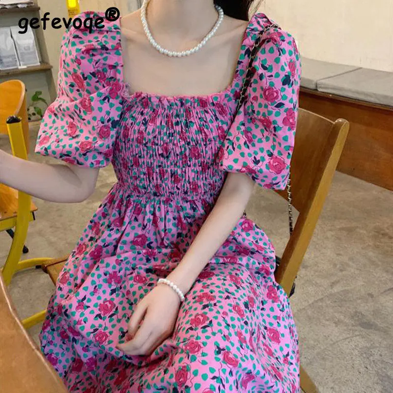 

2022 Summer Women Casual Printed Lace-up Dresses Vintage Elegant Puff Short Sleeve Kawaii Fairy Sweet Mori Girl Style Midi Dress