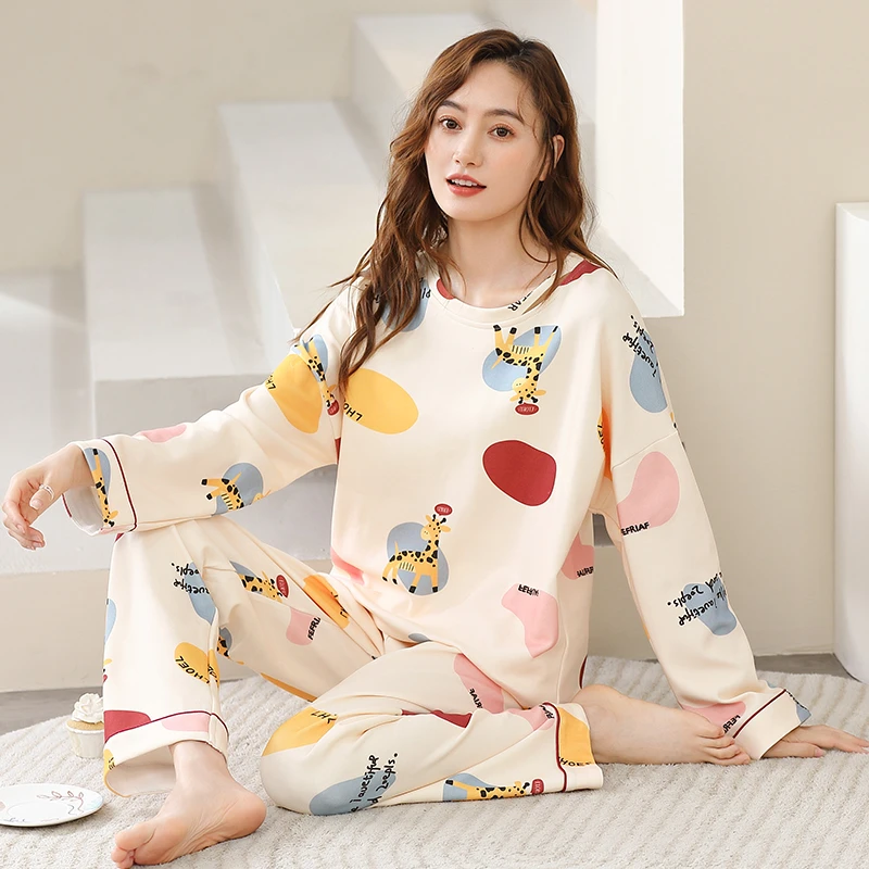CAIYIER Winter Cotton Nightwear M-3XL Round Neck Sleepwear Cartoon Women Sleepwear Soft Leisure Big Size Girls Lingerie Homewear