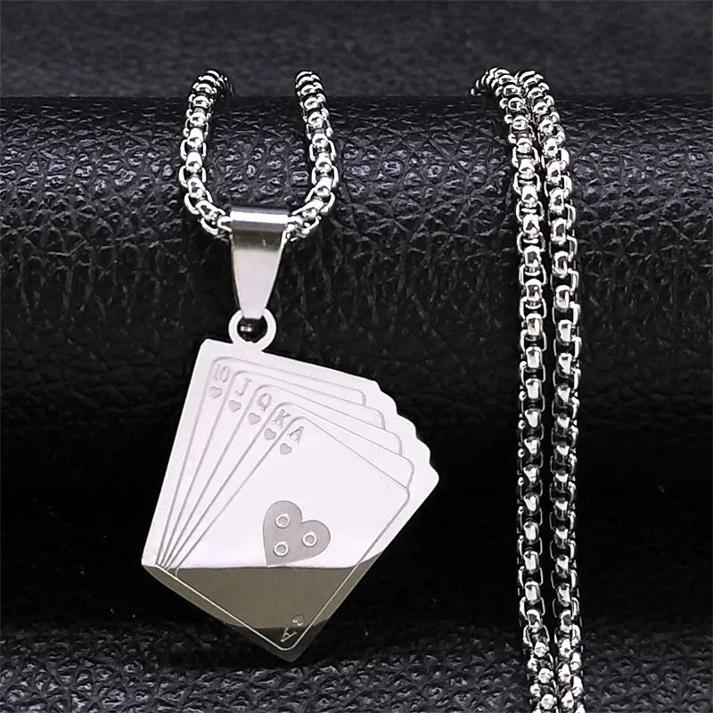 

Poker 10 J Q K A Necklace Stainless Steel Entertainment Card Lucky Ace of Spades Necklace Fortune Playing Jewelry collier femme