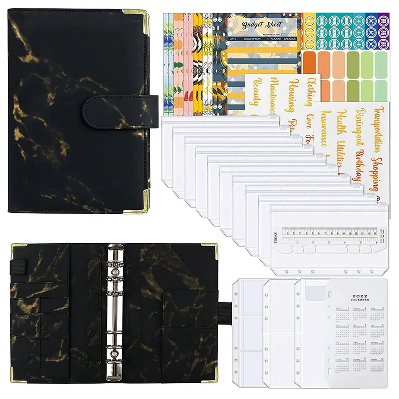 

A6 Budget Binder With Cash Envelopes, PU Leather Notebook Binder With 12 PCS A6 Binder Pockets