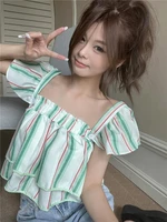 green striped short sleeved summer style top shirts fashion blouses 2022 cheap vintage clothes for women female clothing