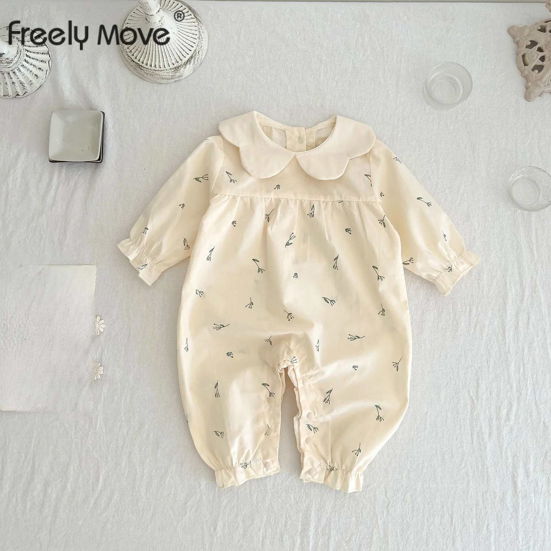 

Freely Move 2022 Autumn Baby Romper Cotton Baby Girl Clothes Newborn Floral Peter Pan Collar Jumpsuit Long-Sleeve Baby Clothing