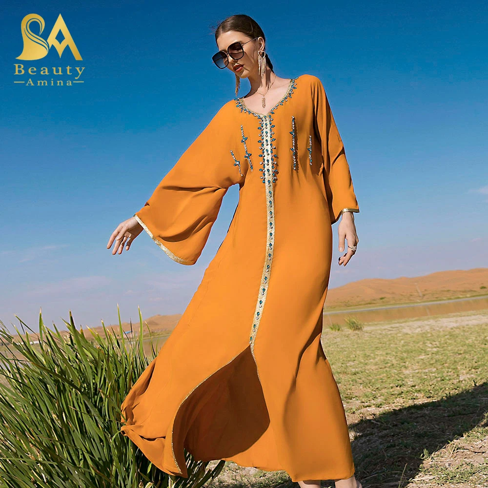 Abaya Muslim Dresses Turkey Winter Long V-Neck Yellow Polyester Sets Muslim Ramadan Dubai Abaya Modest Dress Dresses Gaun Cantik