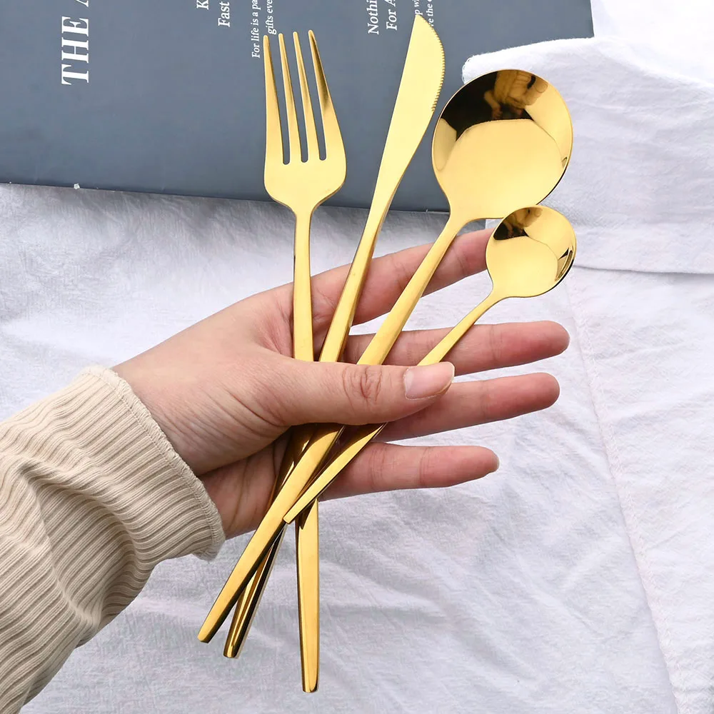

24Pcs Black Handle Golden Cutlery Set Stainless Steel Knife Fork Spoon Tableware Flatware Set Festival Kitchen Dinnerware Gift