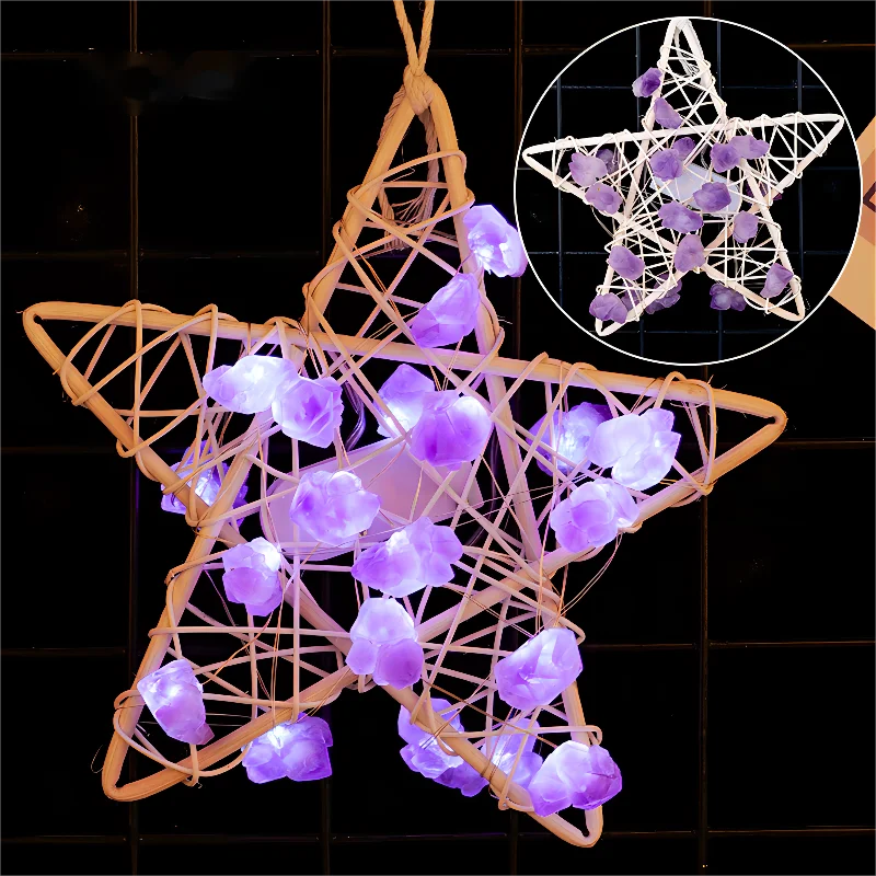 

Crystal Crafts Amethyst White Rattan Woven Pentagram Raw Gemstone String Lamp Healing Stone For Christmas Tree Decor