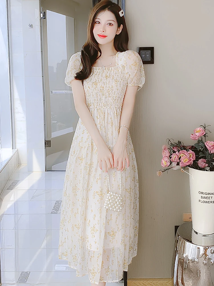 

Женское шифоновое платье-миди с коротким рукавом и квадратным вырезом