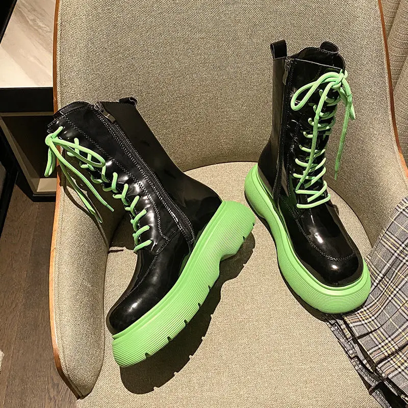 

2022 Platform Women's Boots Women's Heightened Thick-soled Mid-tube Boots Personalized Lace-up Boots Deep Punk Patent Leather