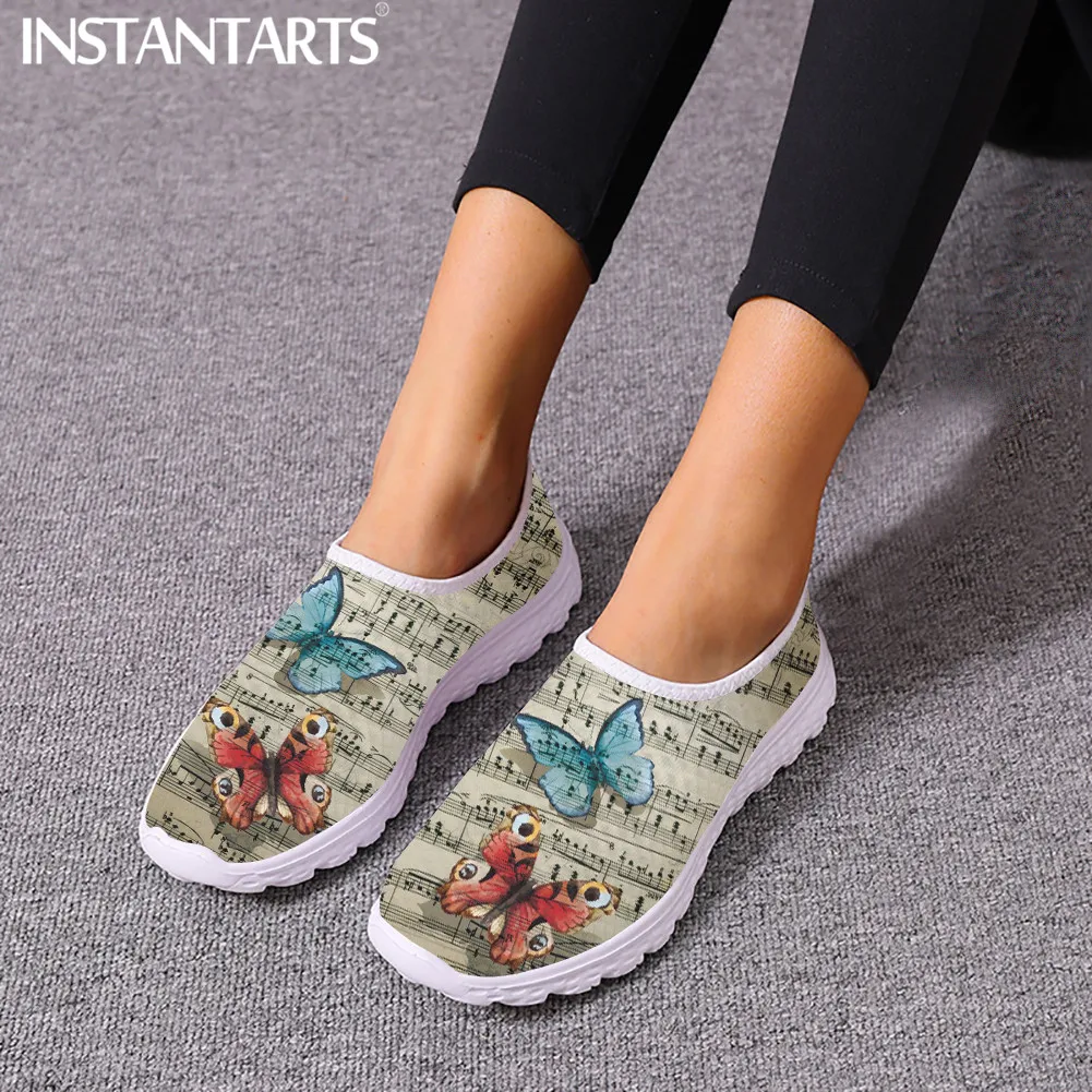 

Женские сетчатые туфли INSTANTARTS, дышащие винтажные, с принтом бабочек, пианино, без застежки, плоская подошва, легкие лоферы