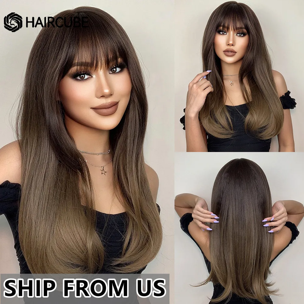 

HAIRCUBE Long Straight Brown Blonde Ombre Synthetic Wigs for Women Daily Cosplay Heat Resistant Wigs With Bangs Fake Hair