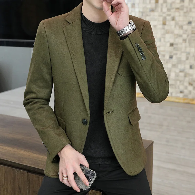 Suit Coat Men New Style Suede Fabric Suit Blazer Business Casual Green Button Top Mens Suit Jacket Office Wear Plus Size 3xl 4xl
