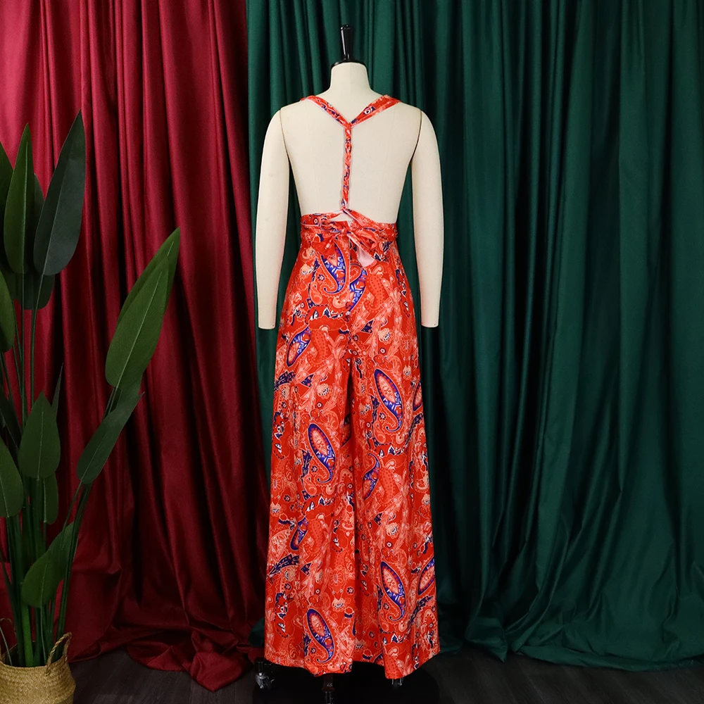 Elegant Long Dresses for Women V Neck Sleeveless High Waisted Wide Leg Pants Fashion Ladies Birthday Party Dinner Overalls Cloth