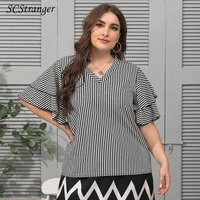 2022 new y2k top plus size womens fashion v neck short sleeve tops lotus leaf sleeve holiday style striped oversized t shirt top