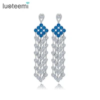luoteemi new luxury sparking cubic zirconia long tassel dangle chandelier earring blue stones women wedding fashion jewelry