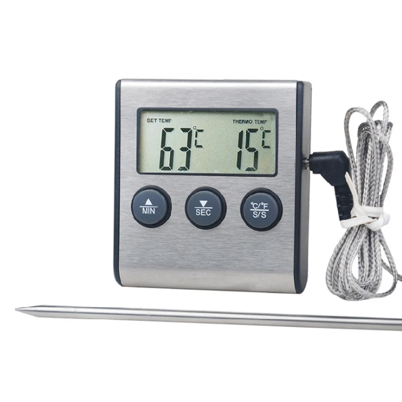 

Цифровой Кухонный Термометр с большим ЖК-дисплеем, Длинный зонд для гриля, духовки, пищи, мяса, будильник для измерения температуры, таймер
