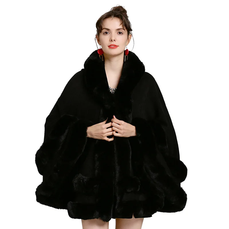 Fox fur collar fur hooded knitted cardigan shawl cloak coat