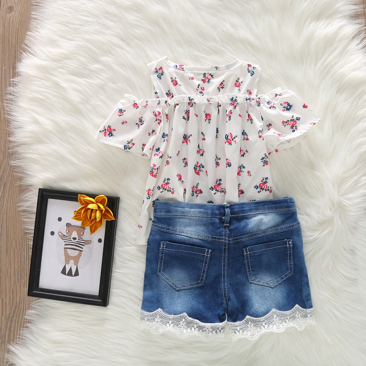 

New girl Floral clothes short elastic Denim lace pants 2pc/set girls baby children summer fashion clothes baby clothing1-6year