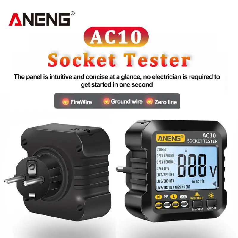 

ANENG AC10 Socket Tester Plug Detector Zero Line Plug Polarity Phase Check Phase Detector Digital Tester US/EU Plug Multimeter