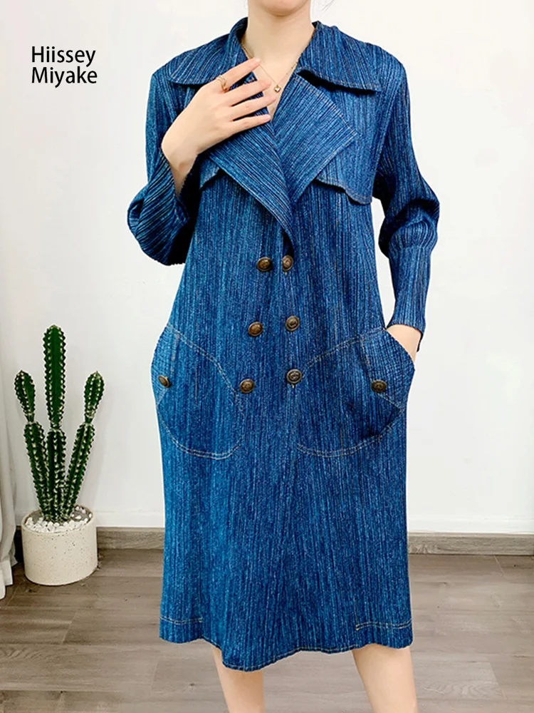

HiIssey Miyake 2023 Spring Fashion Design Pleated Single-breasted Women Solid Color Type Lapel Casual Section Denim Trench Coat