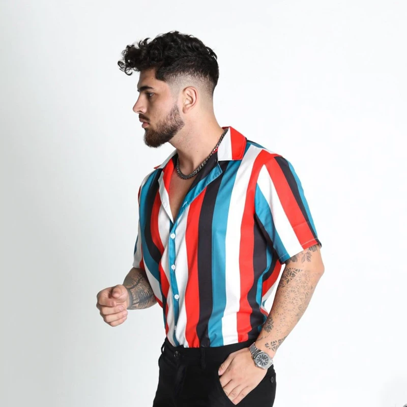 Men's Summer New 3D Printing Contrast Color Trend Casual Holiday Flower Shirts Lapel Fashion Social Gathering Oversized T-Shirt
