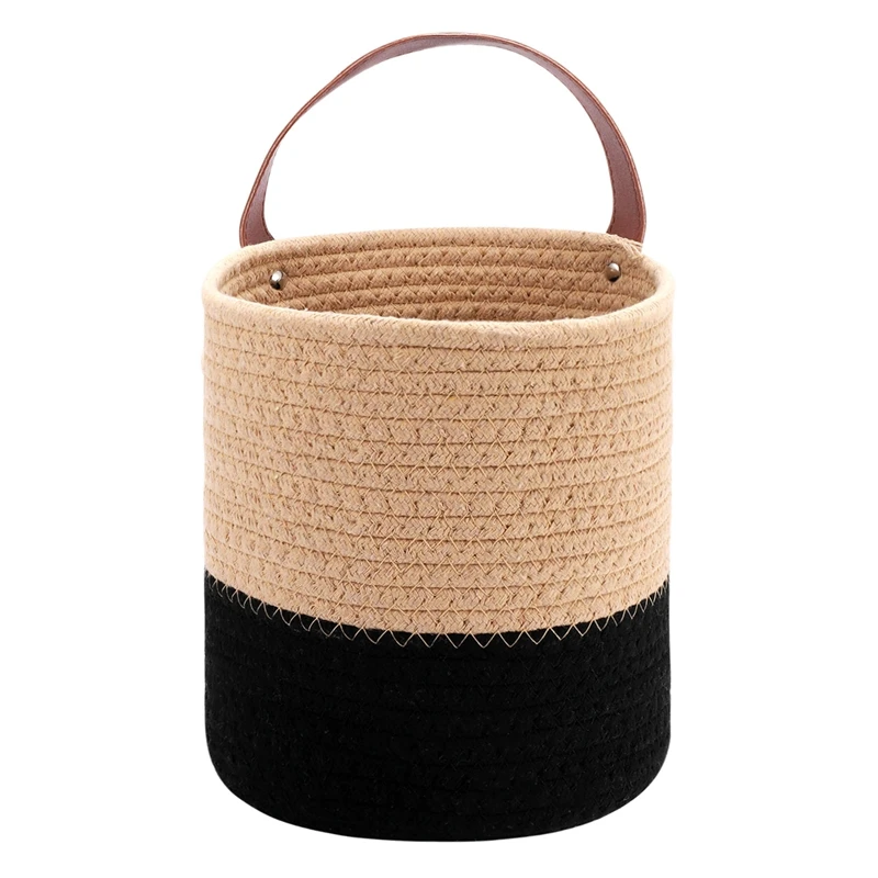 

AT35 Wall Mounted Woven Hanging Basket Storage With Leather Handle, Shelf Basket Organizer For Plants Home Decor