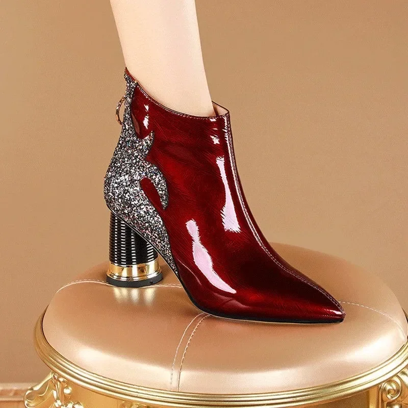 

High Quality Women's Boots 2023 Shiny Sequined Ladies High Heels Sexy Pointed Ankle Boots Comfor Chunky Heel Office Female Shoes