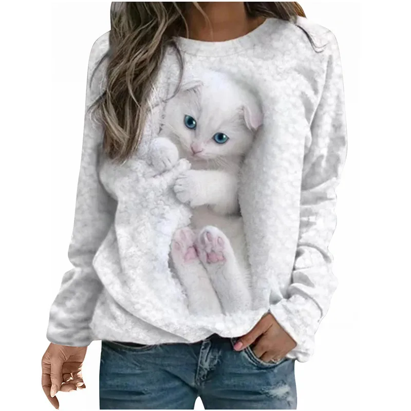 

3D Cat Print Hoodies Women 2023 Autumn Winter Casual Streetwear Loose O-neck New Fleece-lined Sweatshirt Woman