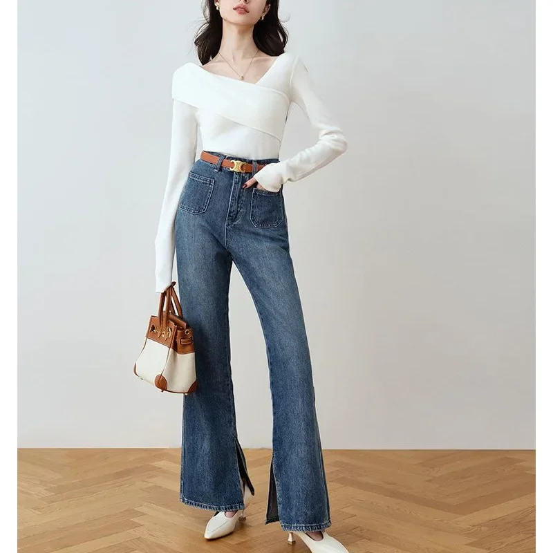 Вязаный топ для похудения во французском стиле с открытыми плечами новинка весны