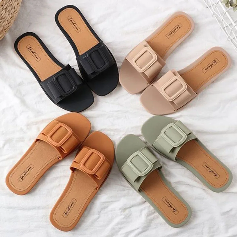 

Female Summer House Fashion Casual Korean Sandal Open Toe Non-slip Soft Home Footwear Square Buckle Beach Flat Slippers