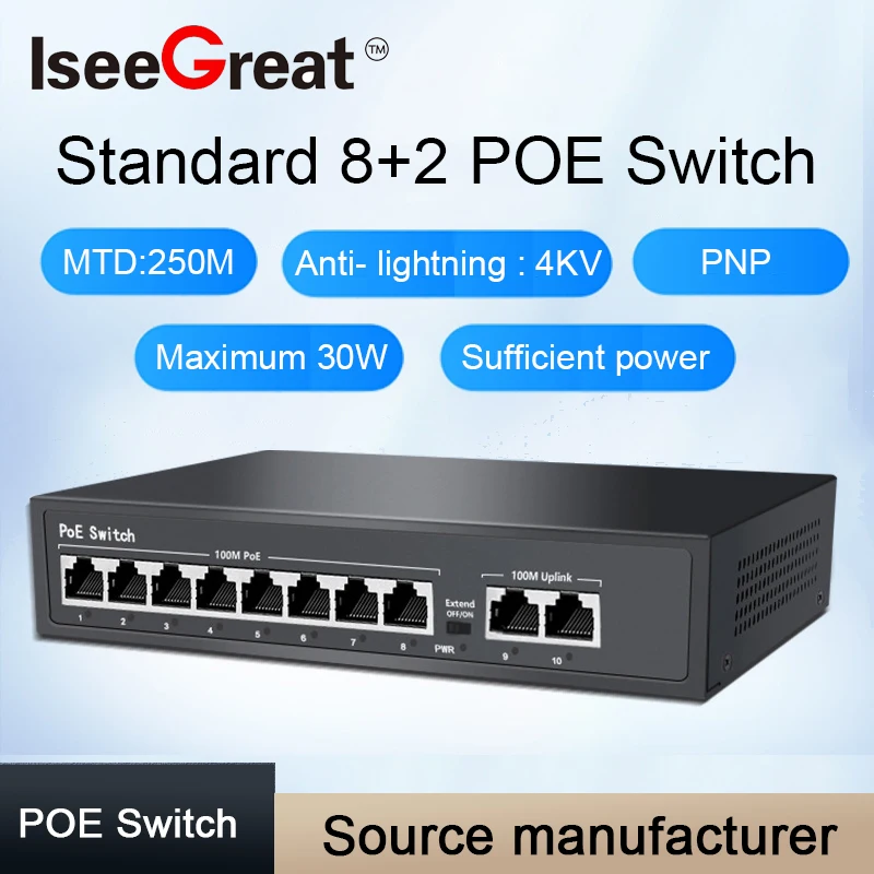 Enlarge 8ports POE Switch With 2Uplink and SFP Active For IP Cameras/Wireless AP/CCTV Cccam IEEE 802.3 AF/AT Built in Power Adapter