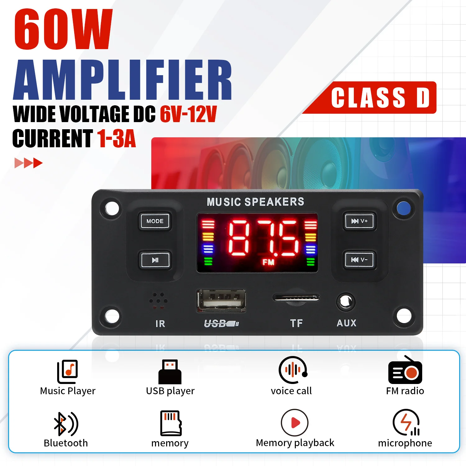 2*30 Вт 60 усилитель автомобильного аудио USB TF FM-радио AUX модуль Bluetooth 5 0 12 В MP3 WMA