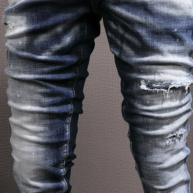 Italian Style Fashion Men Jeans Retro Blue Stretch Slim Fit Ripped Jeans Men High Quality Painted Designer Vintage Pants Hombre