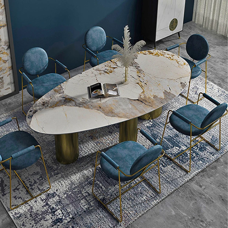 

Italy Irregular royal design sintered stone top 2.4m big dining table with 10 seater marble oval shape modern dining table set