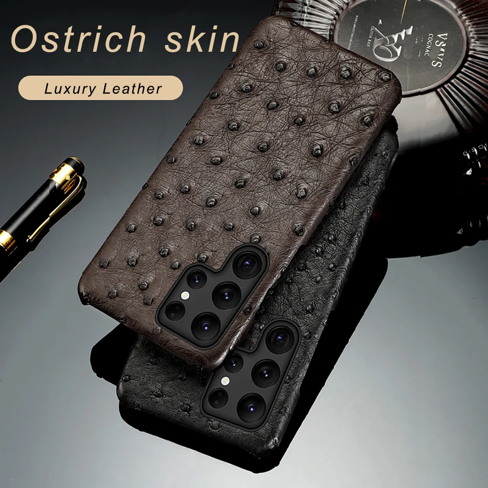 

100% Genuine Ostrich Skin Leather Phone Case For Samsung Galaxy S23 Ultra S22 Note20 S21 S20 FE A53 A52 Retro Armor Back Cover