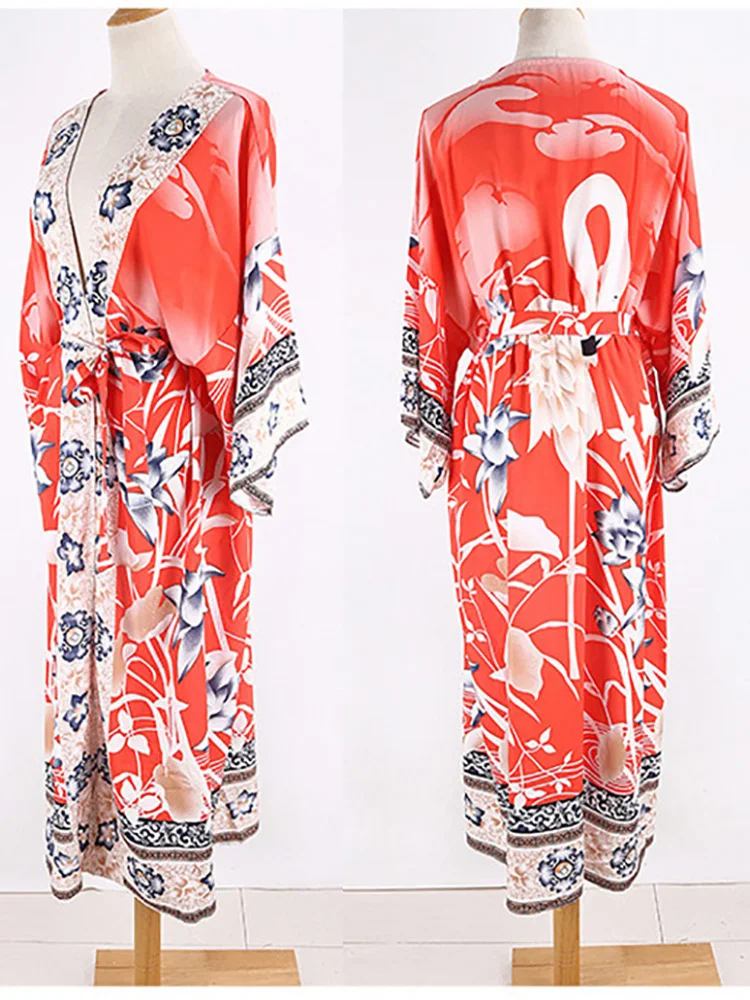 Пляжная накидка в стиле оверсайз Fitshinling кимоно с винтажным цветочным принтом