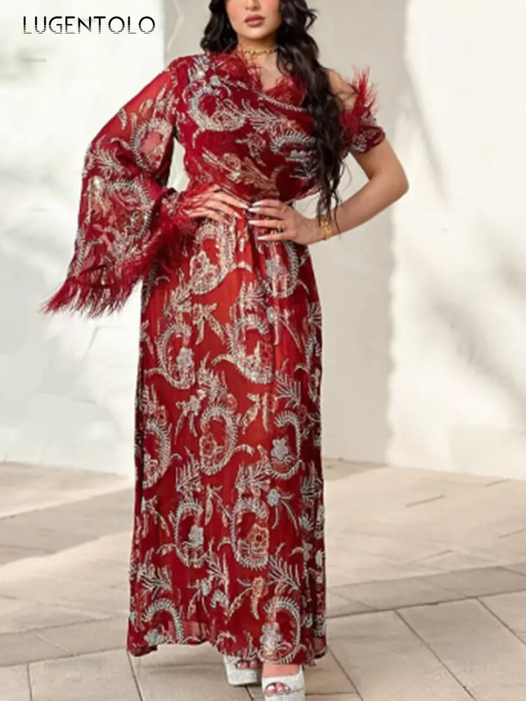 

Vintage Party Dress Women Burgundy One Shoulder Long Sleeve Chiffon Lady Spring Summer Big Swing Dinner Maxi Dresses