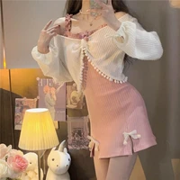 niggeey kawaii lace lolita dress women sweet pink bow long sleeve y2k mini dress vintage casual princess fairy dress