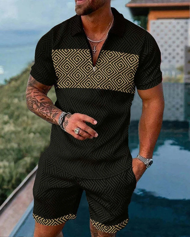 

Мужской спортивный костюм, Повседневная летняя рубашка-поло с коротким рукавом и шорты, комплект из двух предметов, Мужская одежда, уличная ...