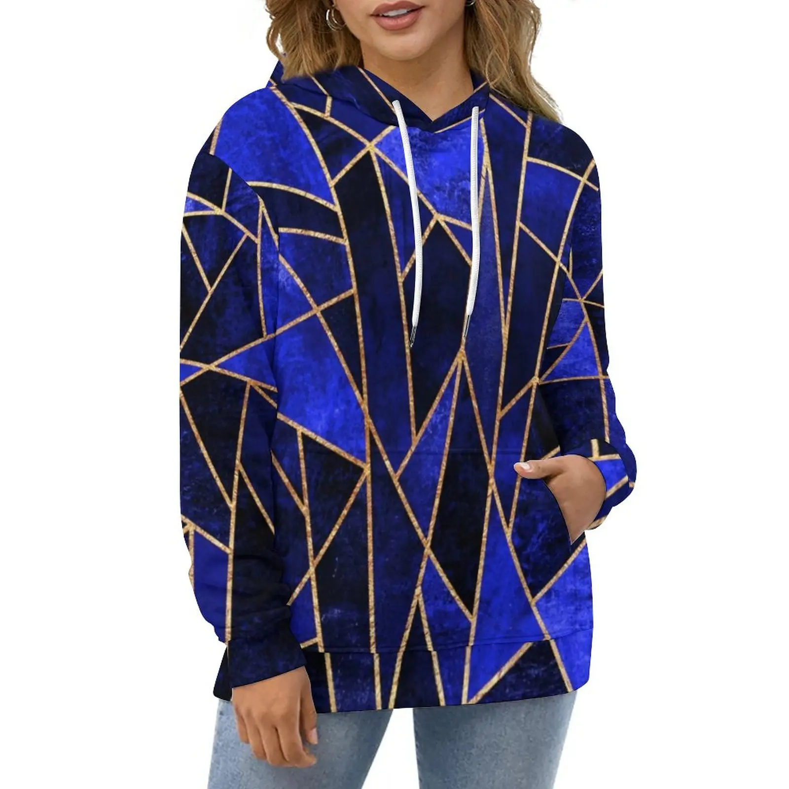 

Толстовка Женская с длинным рукавом, худи с синими геометрическими рисунками, с золотыми полосками