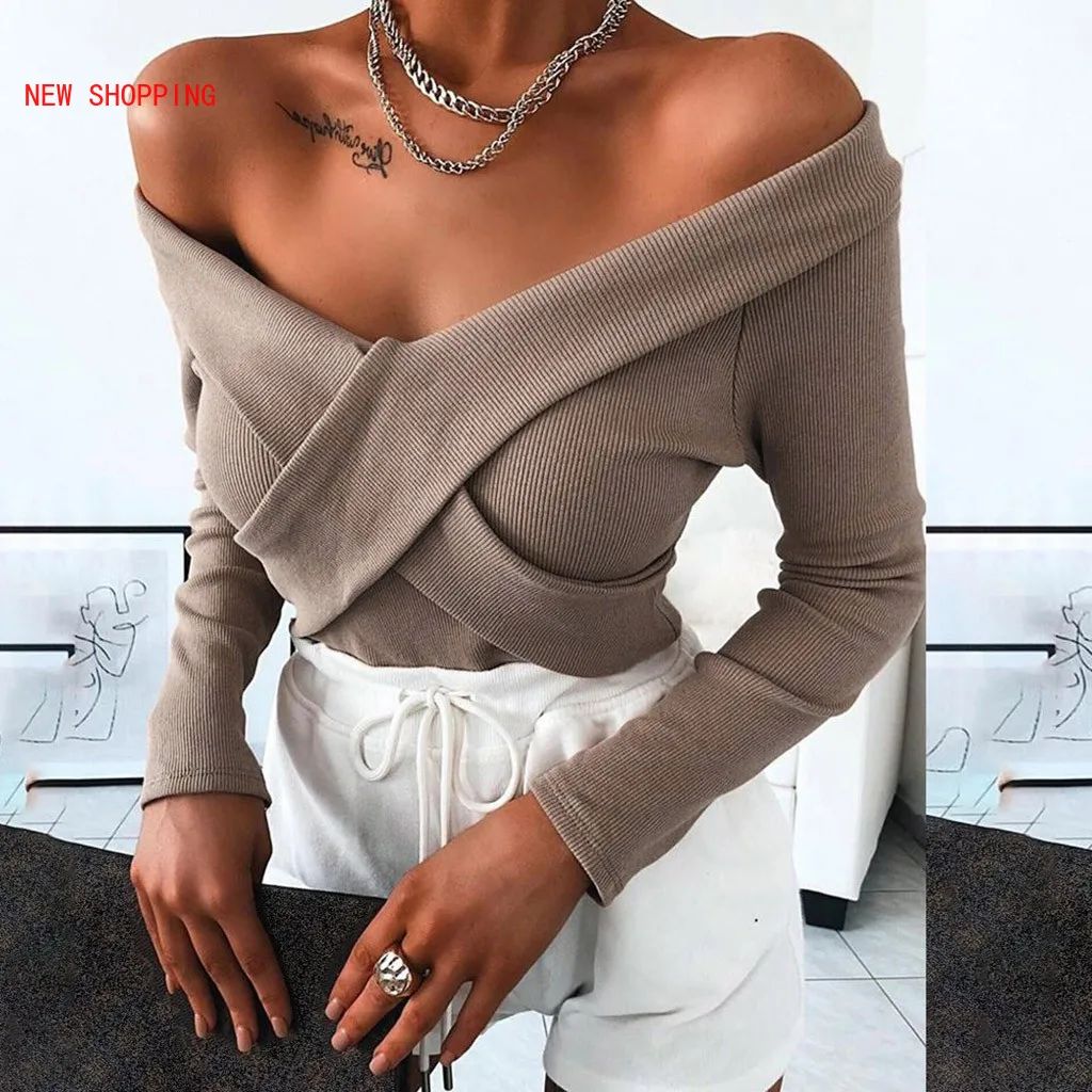

Women Khaki Fall Fashion Long Sleeve Solid Color V-Neck Off Shoulder Slim Pullovers Chic Sexy Party Club Sweater Tops Pull Femme