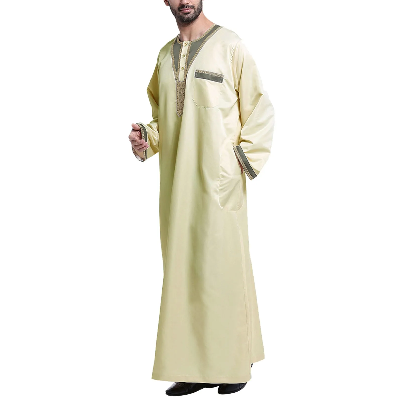 Men's Casual Muslim Arab Middle Solid Color Collar Long Sleeved Robe Lapel Overshirt
