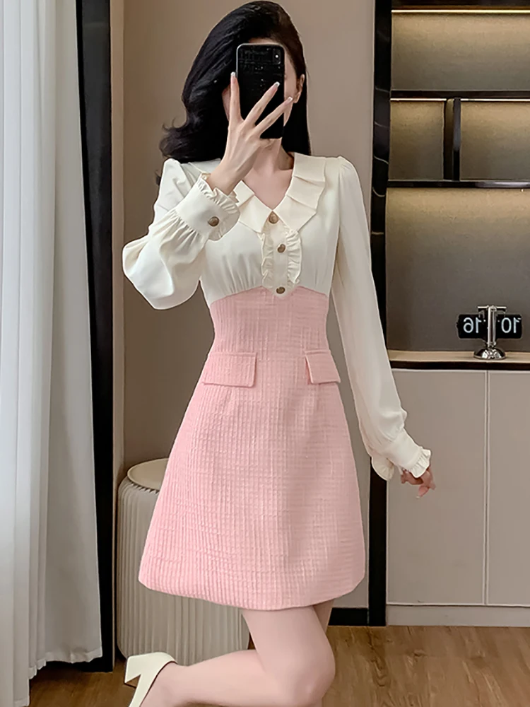 Женское розовое лоскутное белое мини-платье с длинным рукавом и рюшами на