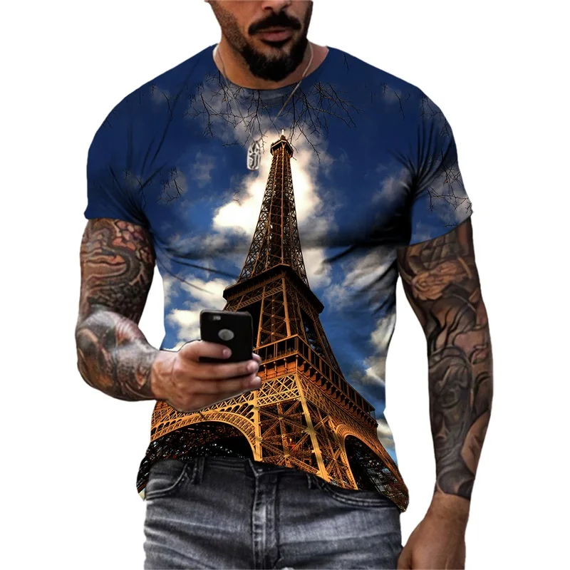 

French Eiffel Tower T Shirts For Men O Neck Short Sleeve Personality 3D Print Tees Hot Summer Commemorative Graphics T-shirt