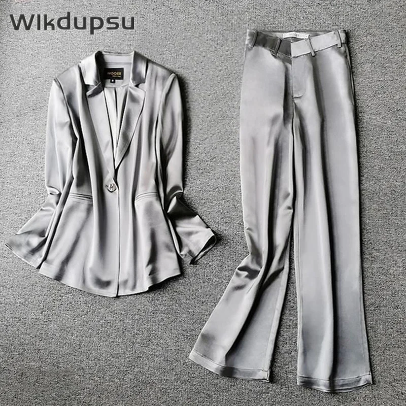 

Pants Suits Set For Women Elegant Two Piece Spring Autumn Blazer Jacket Top & High Waist Wide Leg Pants Office Lady Work Outfits