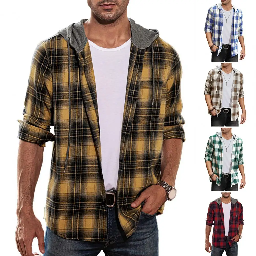 Hoodie Shirt Plaid Drawstring Long Sleeves Loose Flannel Autumn Winter Checkered Coat Jacket Relaxed Fit Hood Coat for Travel