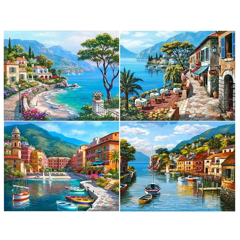 

4-Pack DIY Full Diamond Round Diamond Art Landscape Pictures For Adults And Kids, Home Wall Decor 30X40cm