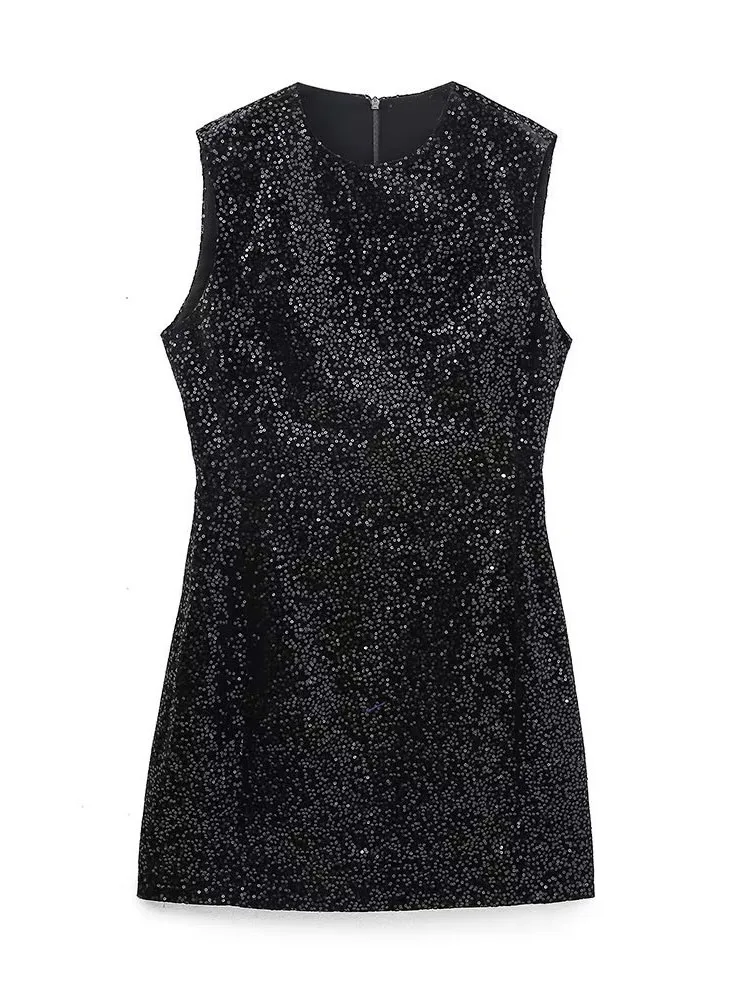 

Spring and Autumn New Women's Dress Round Neck Sleeveless Slim Slim Black Sequins Mini Dress
