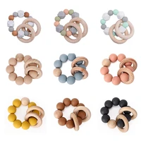 baby wooden teether infant silicone molar stick toy silicone beads silicone teething ring