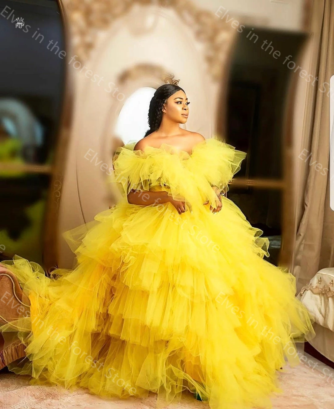 

Fluffy Yellow Maternity Dresses for Photo Shoot Sexy Off Shoulder V Neck Baby Shower Gowns Tiered Ruffles Pregnant Women Robes