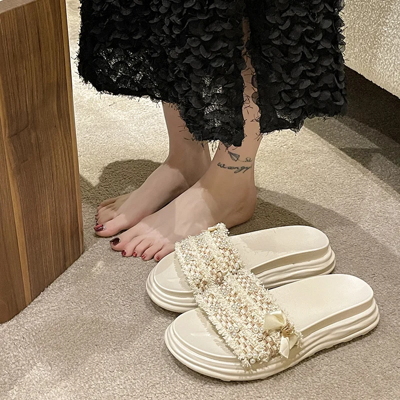 Shoes String Bead Womens Slippers Outdoor Pantofle Platform Med Slides 2023 Flat Summer PU Bonded Leather Rubber Slippers Women