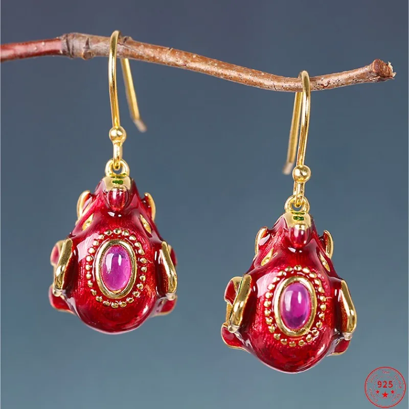 

S925 Sterling Silver Earrings for Women 2023 New Fashion Gold-plated Enamel Cloisonne Little Elephant Corundum Argentum Ear-drop